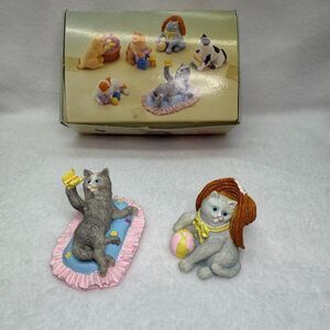 Vintage Cat Figurines Lot of 2 Cat W Hat Plays Ball Butterfly Retro Collectible‎